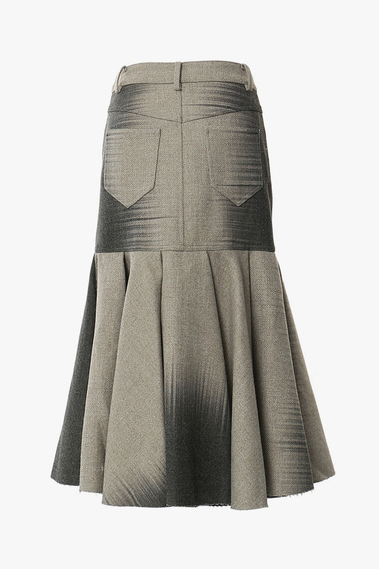 Feminine Brushstroke Print Ruched Pleated Woolen Blend Midi Mermaid Skirt