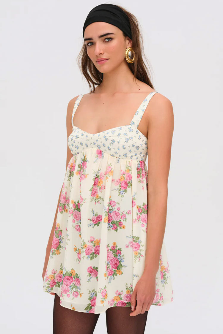 Feminine Floral Print Cut Out Empire Waist Babydoll Summer Mini Sundress
