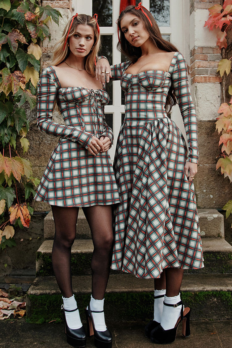 Festival Sweetheart Long Sleeve Drop Waist Tartan Pattern Midi Dress - Red - Fashionpara