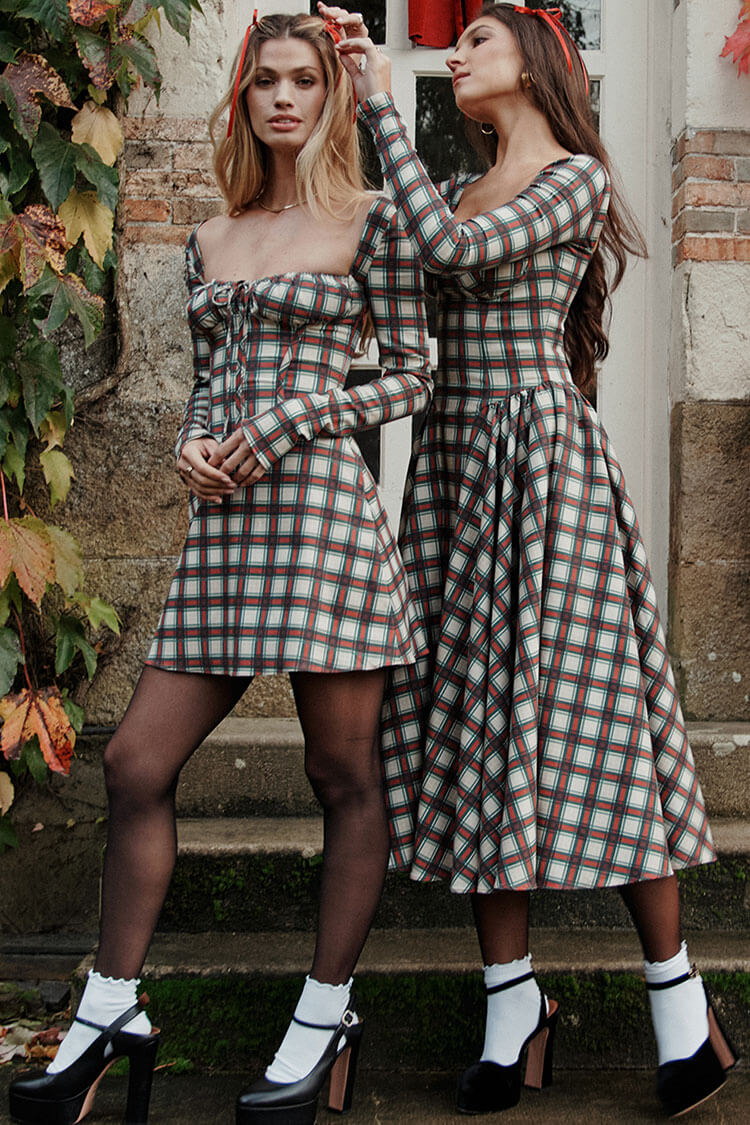 Festival Sweetheart Long Sleeve Drop Waist Tartan Pattern Midi Dress - Red - Fashionpara