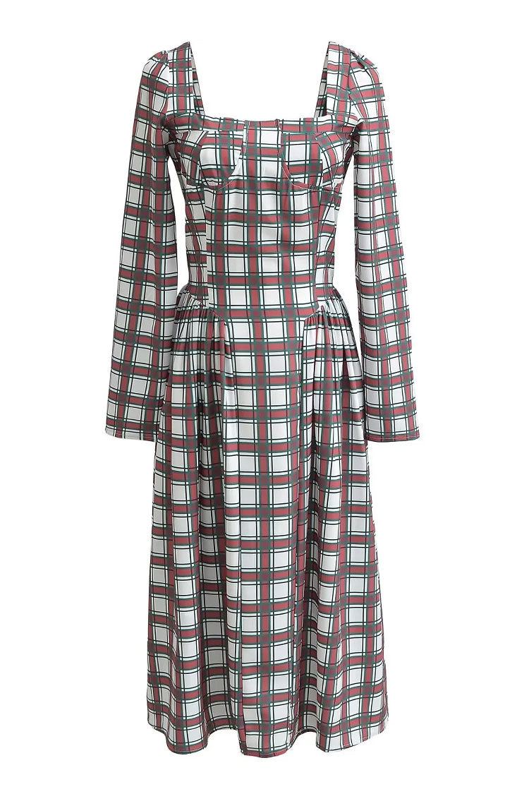 Festival Sweetheart Long Sleeve Drop Waist Tartan Pattern Midi Dress - Red - Fashionpara