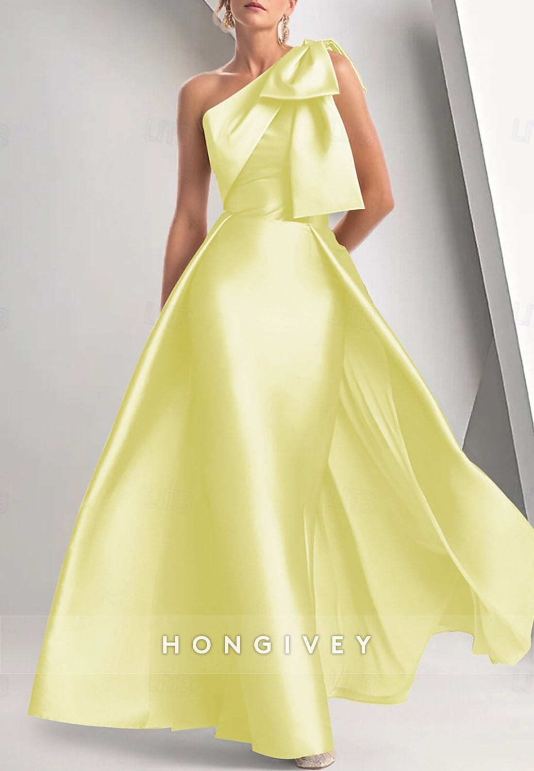 Sheath Floor-Length One Shoulder Mother of Bride Satin Sleeveless Pleated Bowknot Evening Gown