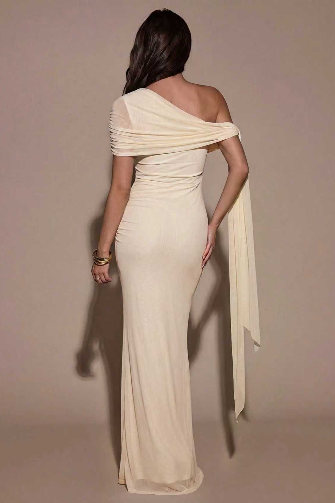 One Shoulder Draped Ruched Twist-Front Dress