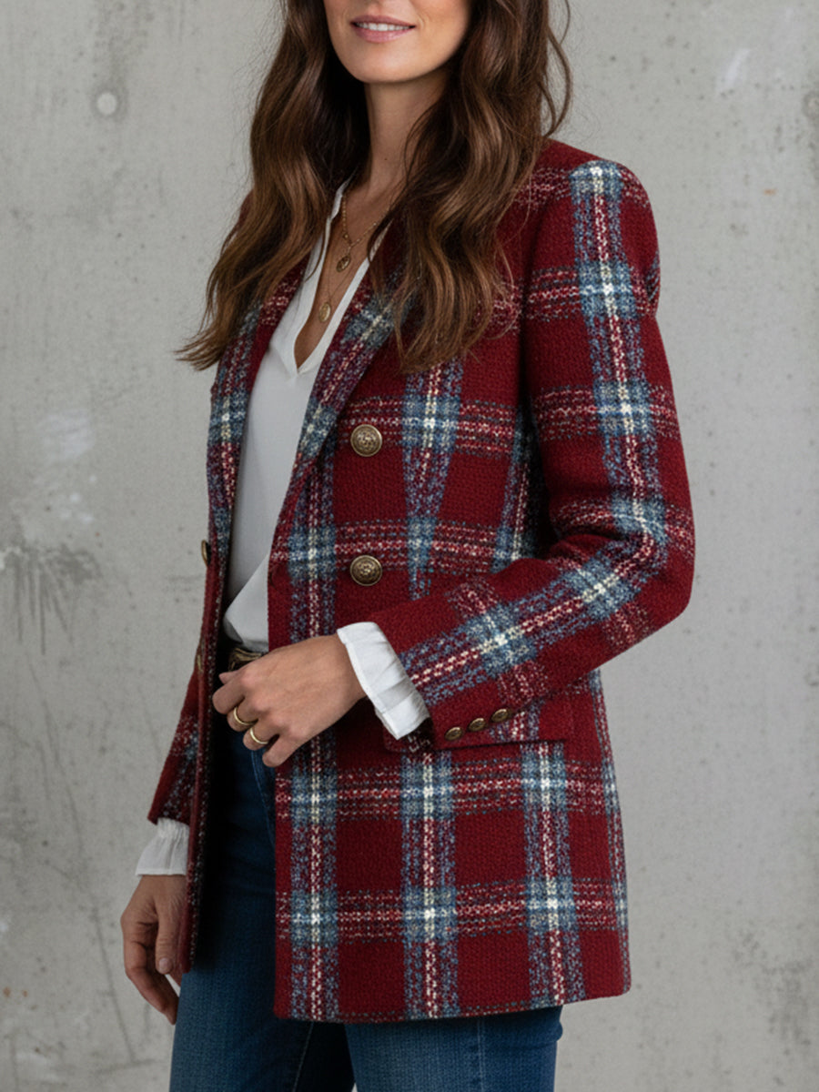 Retro Contrast Plaid Wool Double-breasted Coat