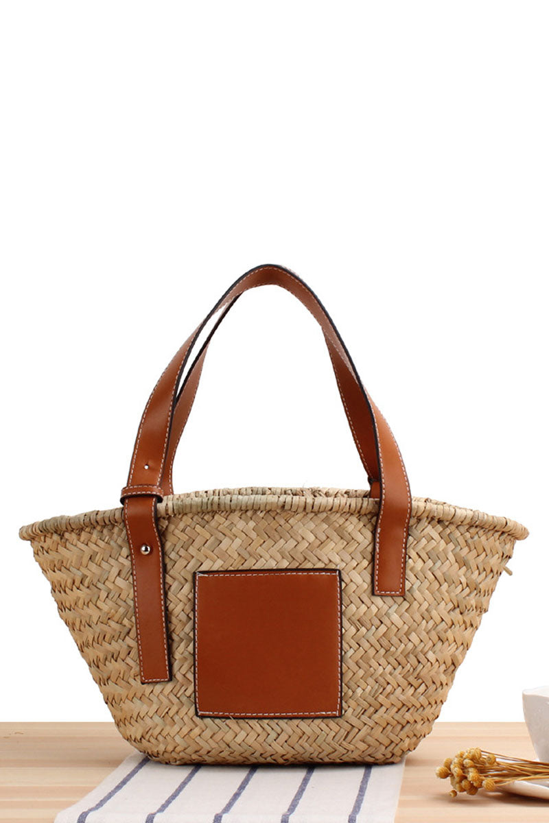 Beach Leather Shoulder Straps Woven Straw Basket Bag - Fashionpara