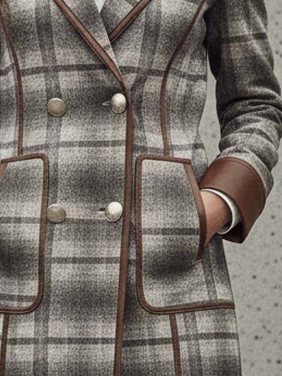 Plaid Print Faux Suede Coat With Leather Trim - Fashionpara