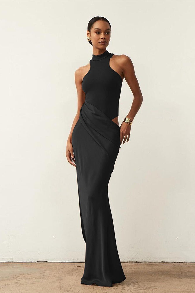 Sleeveless Halter Draped Satin Bodycon Maxi Gown