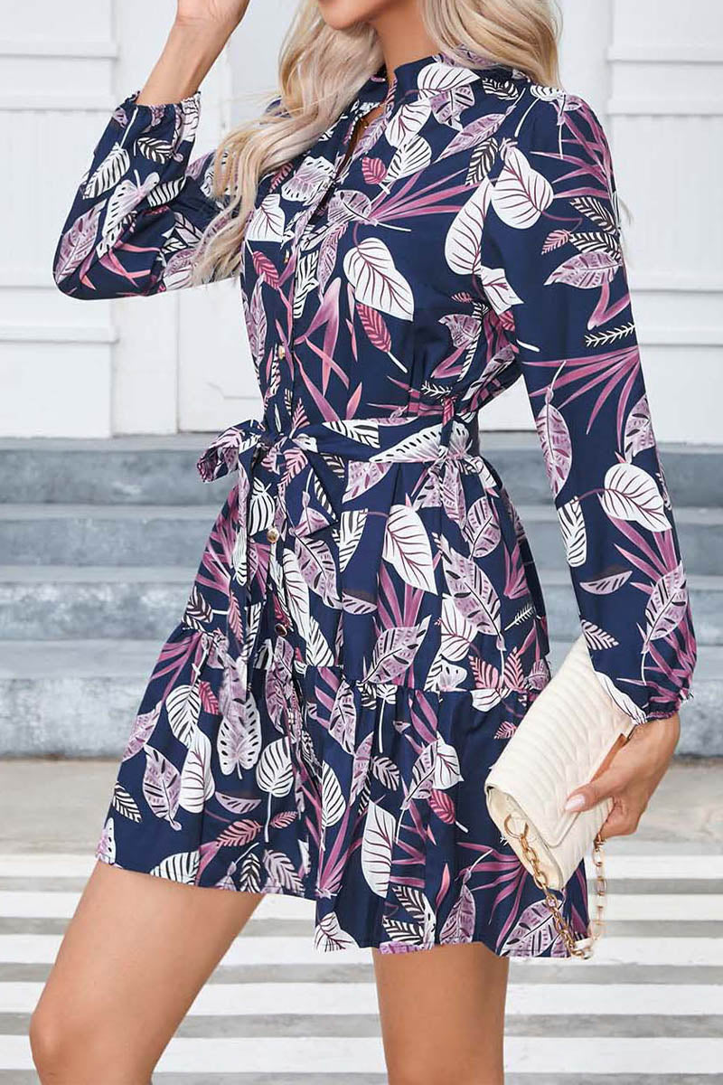 Printed Button Long Sleeve Dress - Fashionpara