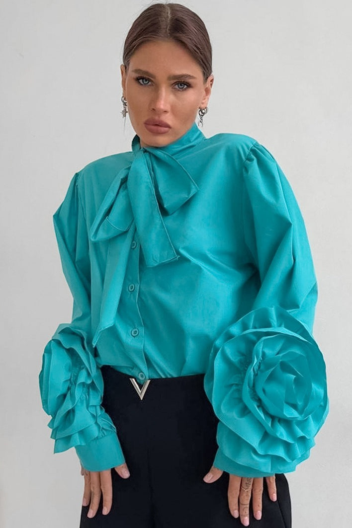 Lantern Sleeve Floral Tie Blouse