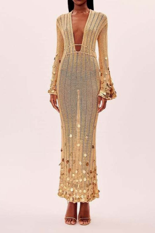 Sexy V Neck Belted Sequin Knit Long Boho Dress - Fashionpara