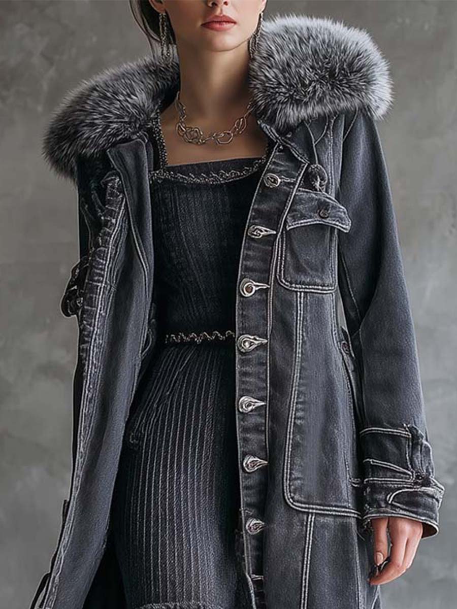 Vintage Washed Grey Denim Coat With Faux Fur Collar - Fashionpara