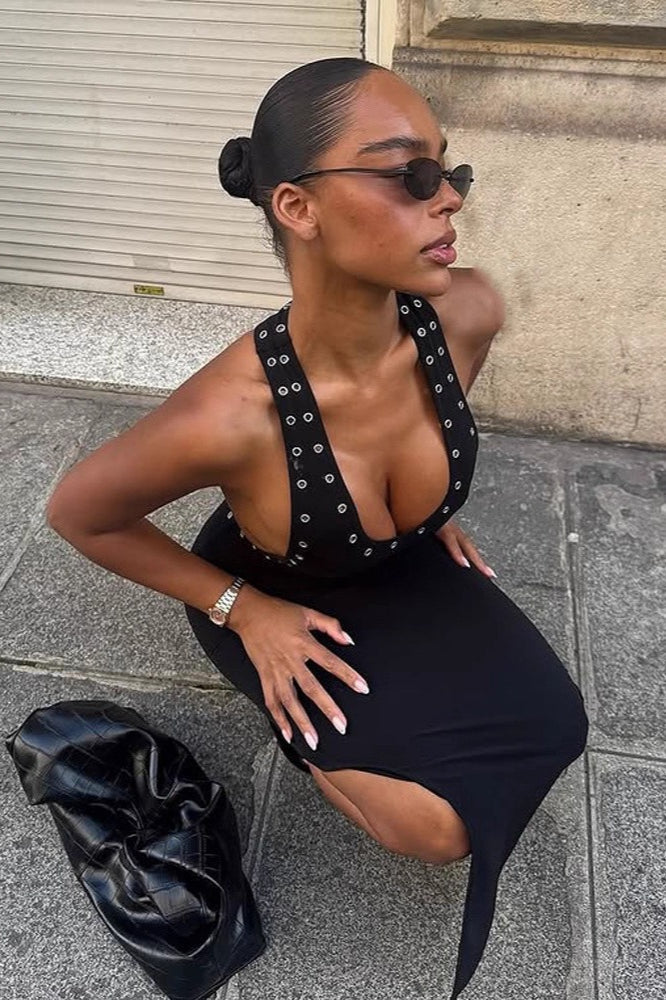 Grommet Trim Cut-Out Plunge Bodycon Dress