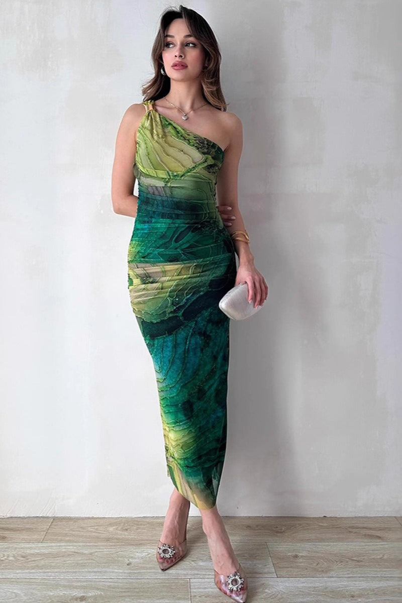 Printed One Shoulder Ruched Bodycon Maxi Dress