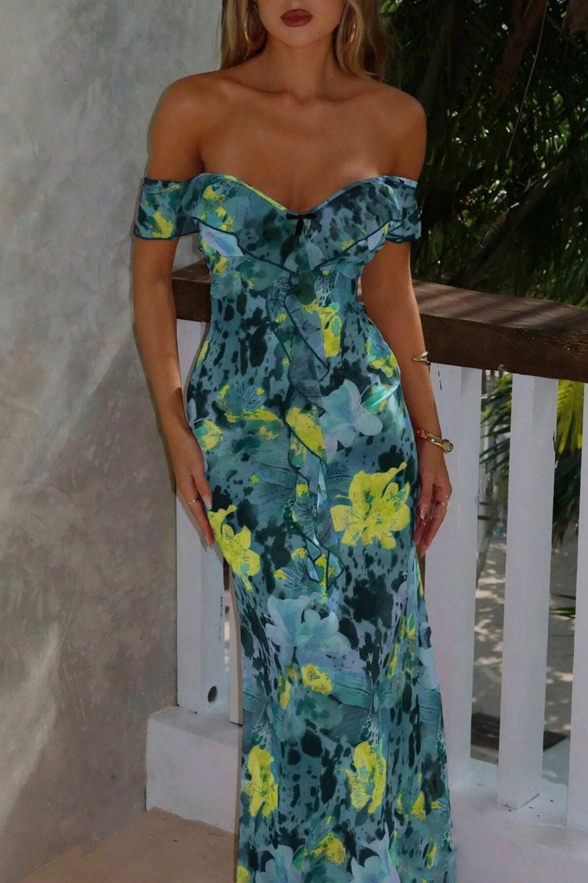Floral Print Off Shoulder Ruffle Bias Cut Maxi Dress