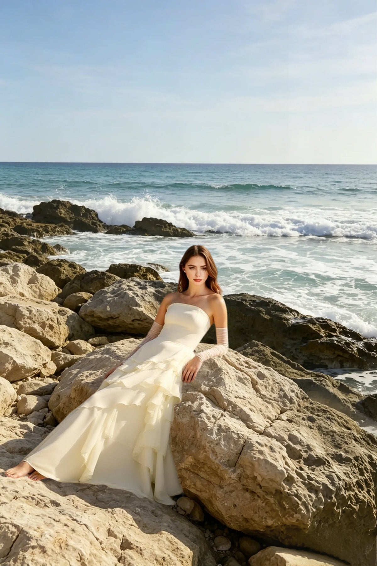 Strapless Drop-Waist Tiered Ruffle Maxi Dress