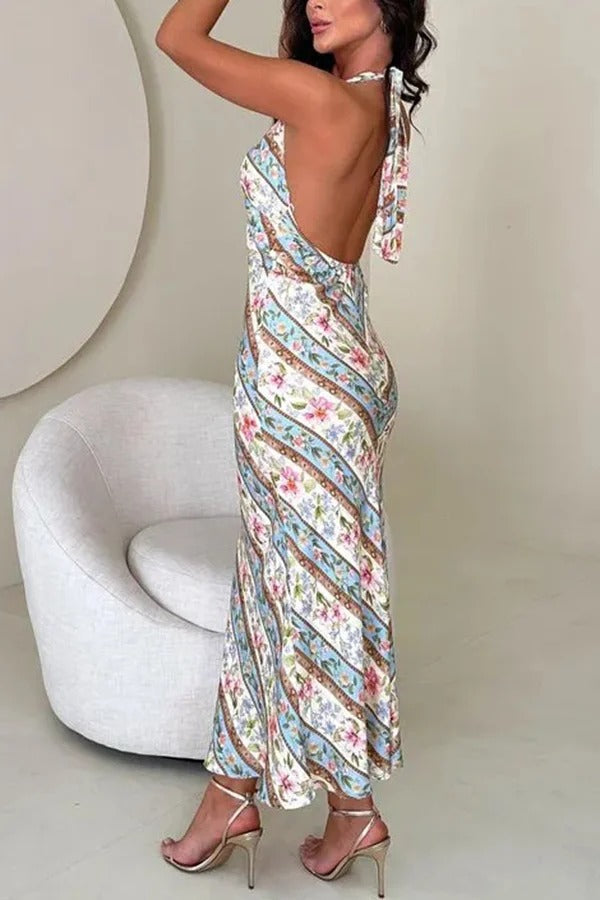 Garden Goddess Unique Colorblock Floral Print Halter Backless Maxi Dress - Fashionpara