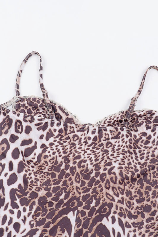 Leopard Spaghetti Strap Lace Trim High Split Slip Maxi Dress - View 5