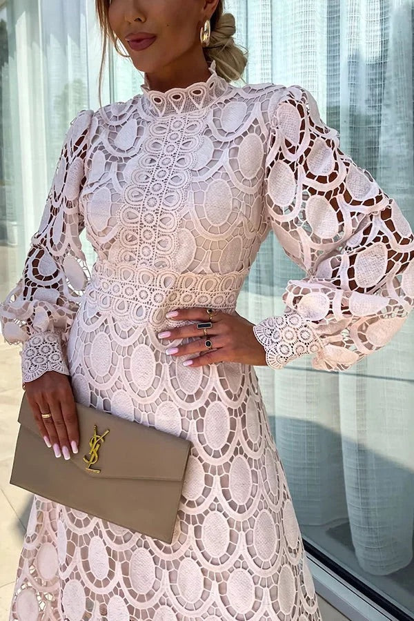Francisca Crochet Lace Lantern Sleeve Midi Dress - View 12
