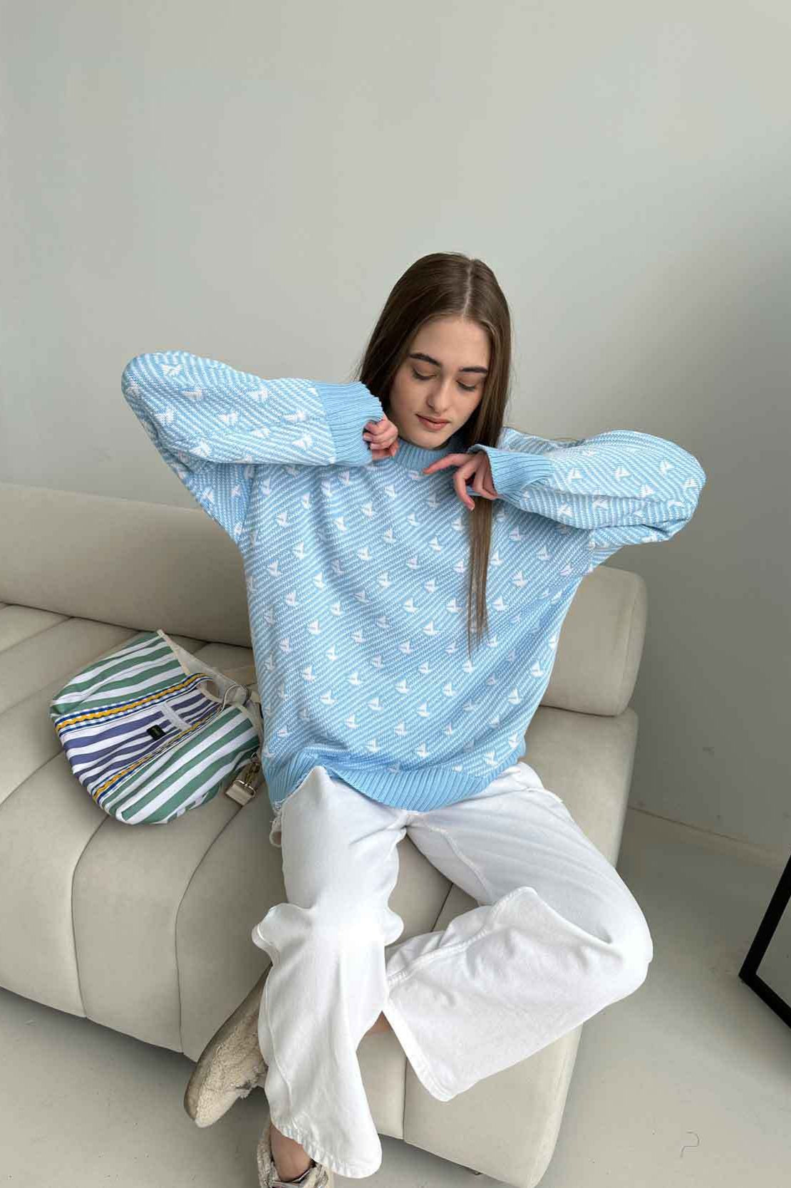 PrincessAce Sailboat Pattern Crew Neck Knit Sweater