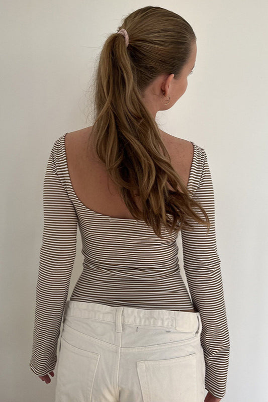 Basic Crew Neck Backless Striped Fitted Knit Blouse