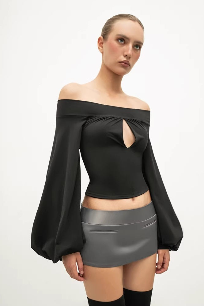 Off Shoulder Balloon Sleeve Keyhole Cut Out Satin Top