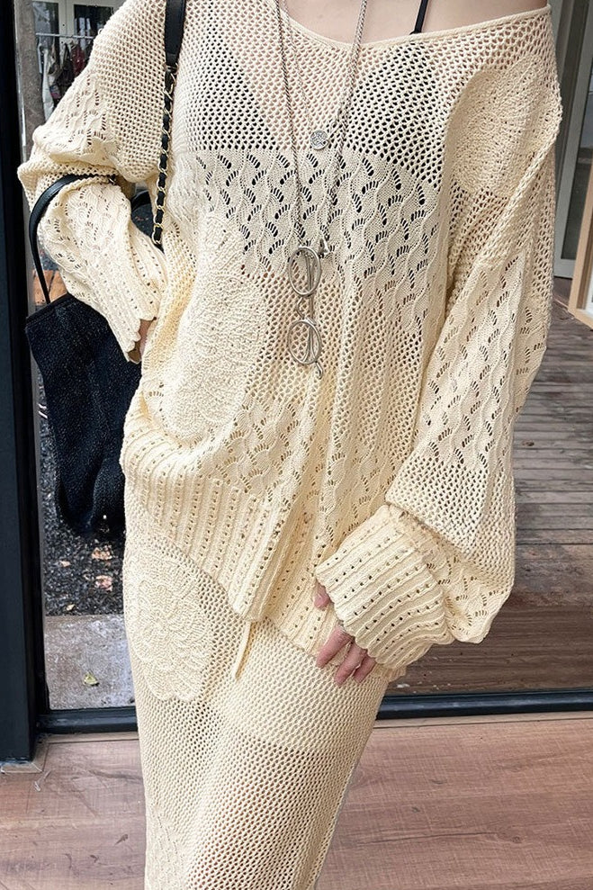 Cotton Embroidered Hollow Knit Blouse