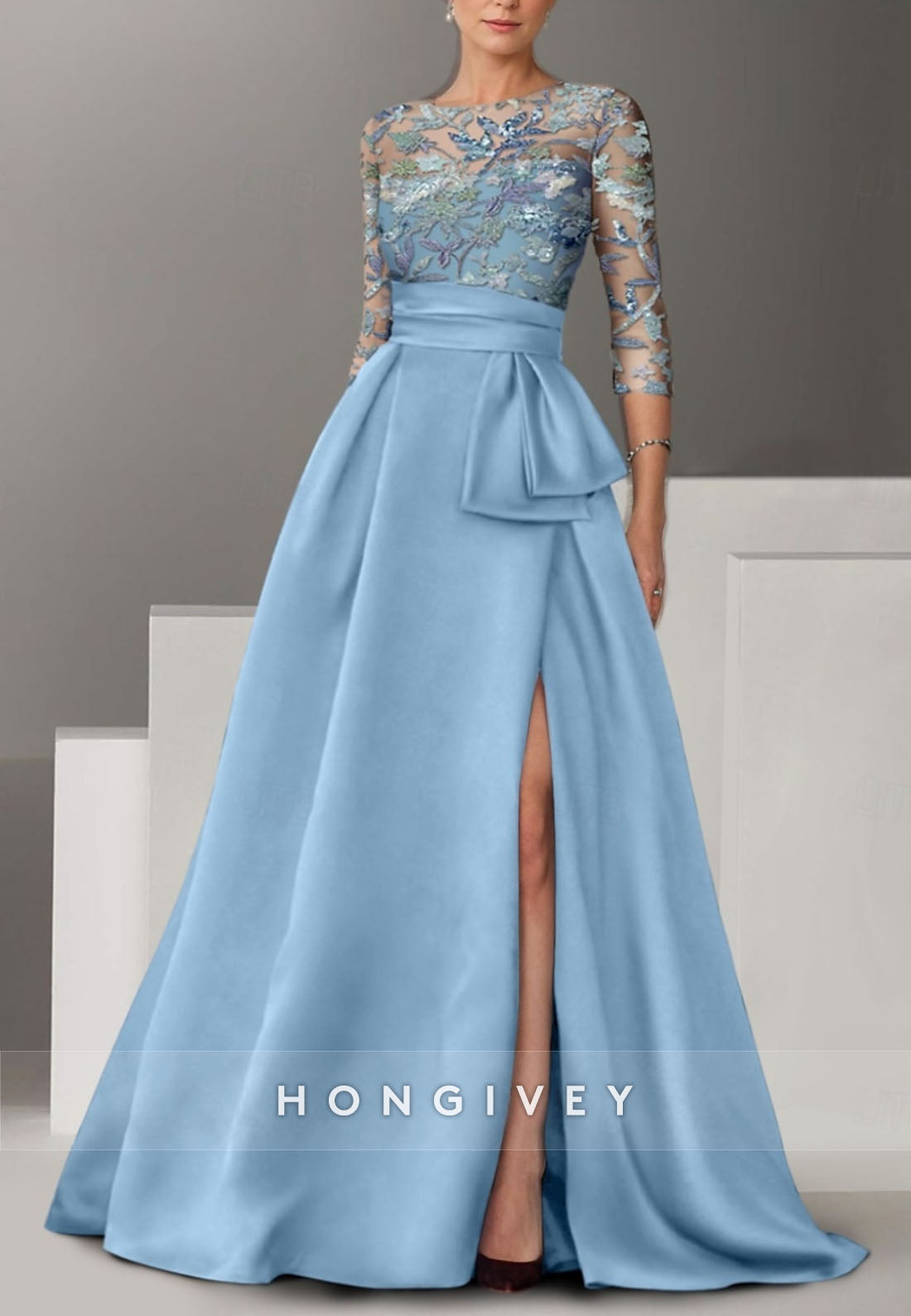 A-line Floor-Length High Slit Illusion Neck Evening Gown Beading 3/4 Sleeve Pleated Formal Dresses