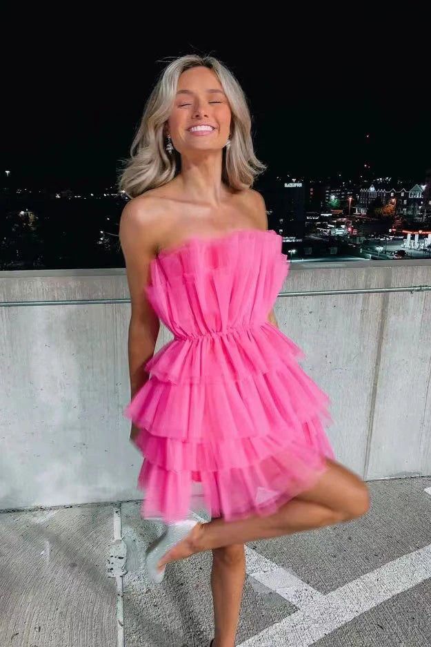 Charming A-Line Hot Pink Short Homecoming Dresses, Strapless Party Dress - Fashionpara