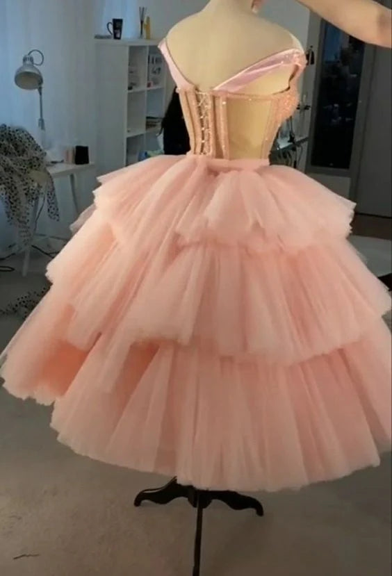 Puffy Straps Tiered Pink Tea Length Prom Dresses, Homecoming Dress With Sequins - Fashionpara