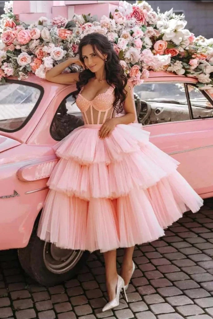 Puffy Straps Tiered Pink Tea Length Prom Dresses, Homecoming Dress With Sequins - Fashionpara