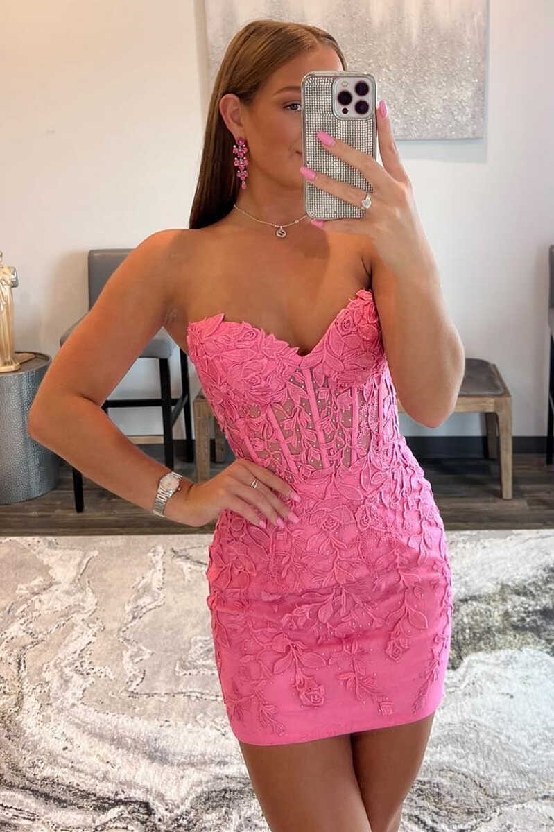 Hot Pink Appliques Strapless Lace-Up Bodycon Mini Homecoming Dress - Fashionpara