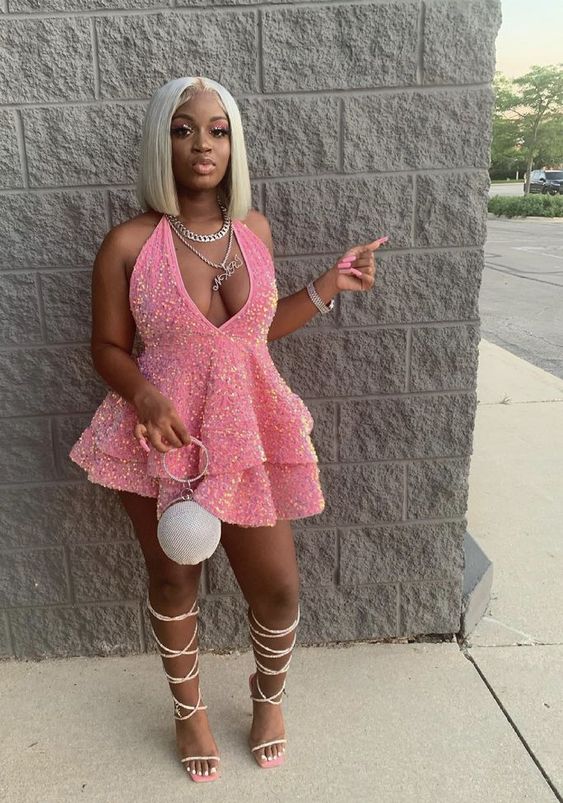 Halter Neckline Short Homecoming Dress Sequins Party Dress New Arrival Party Dress - Fashionpara