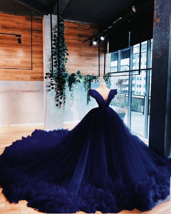 Navy blue long ball gown prom dress - Fashionpara