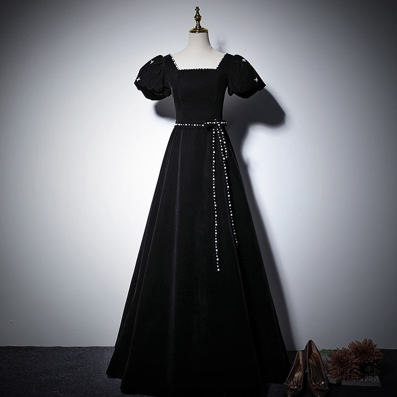 evening dress spring black puff sleeve long birthday dress prom dress - Fashionpara