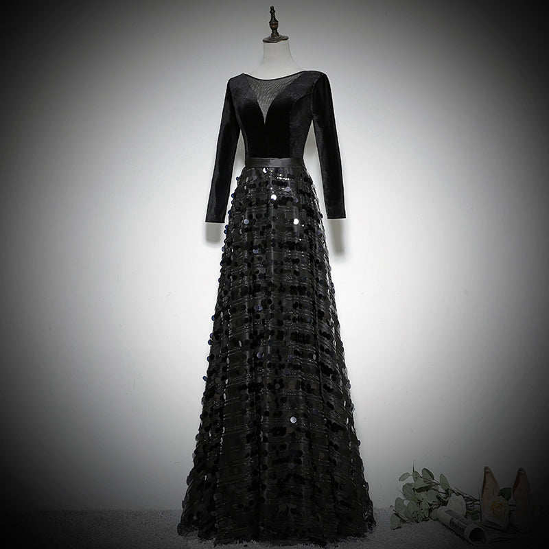 Black evening dress long sleeve birthday party dress prom dress - Fashionpara