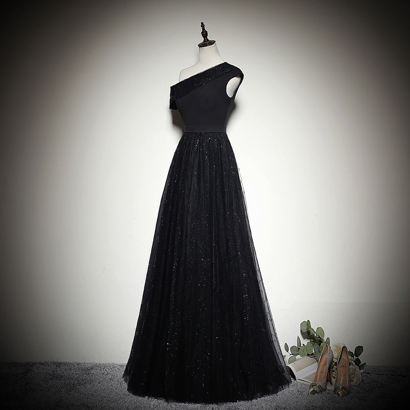 One-shoulder sequined new black evening dress prom dress - Fashionpara