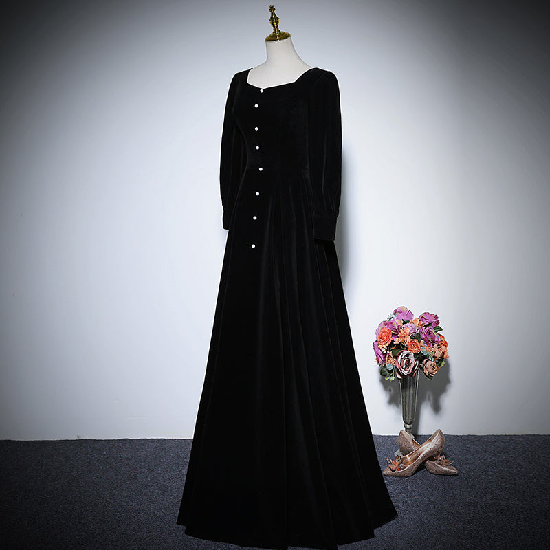Black velvet evening dress long-sleeved party gowns prom dress - Fashionpara