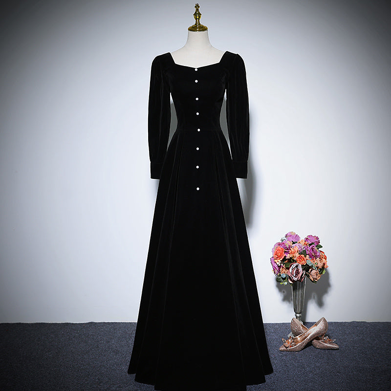 Black velvet evening dress long-sleeved party gowns prom dress - Fashionpara