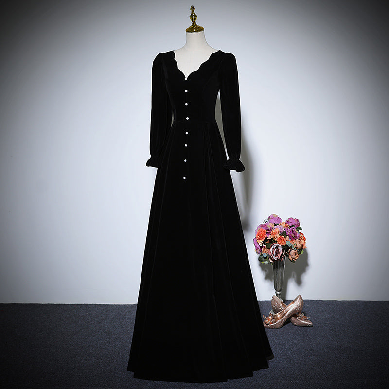 New black long-sleeved velvet dress prom dress - Fashionpara