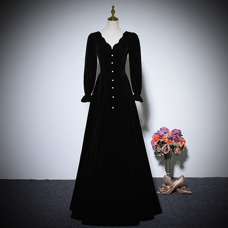 New black long-sleeved velvet dress prom dress - Fashionpara