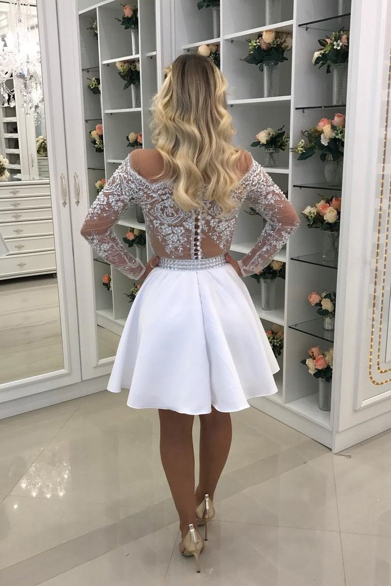 2022 Homecoming Dresses Scoop Long Sleeves A Line Satin With Applique And Pearls - Fashionpara