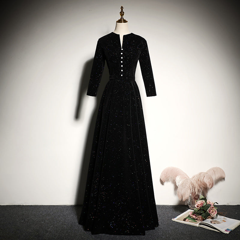 Black velvet evening dress 2022 new long-sleeved prom dress - Fashionpara