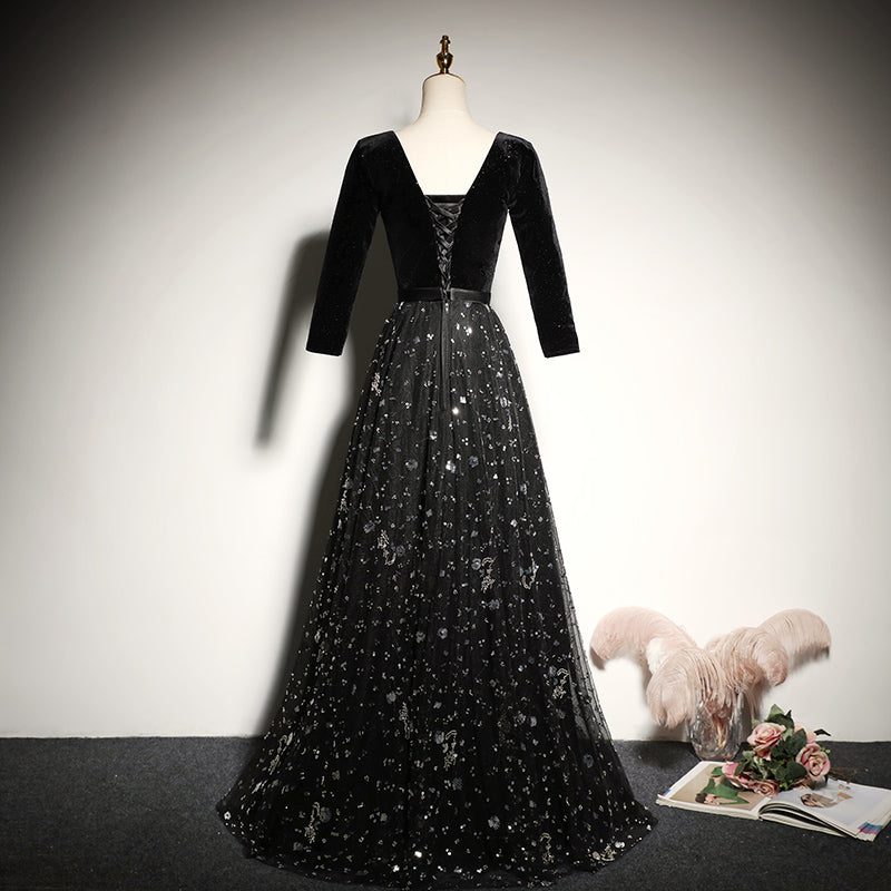 Black velvet evening dress new long-sleeved prom dress - Fashionpara