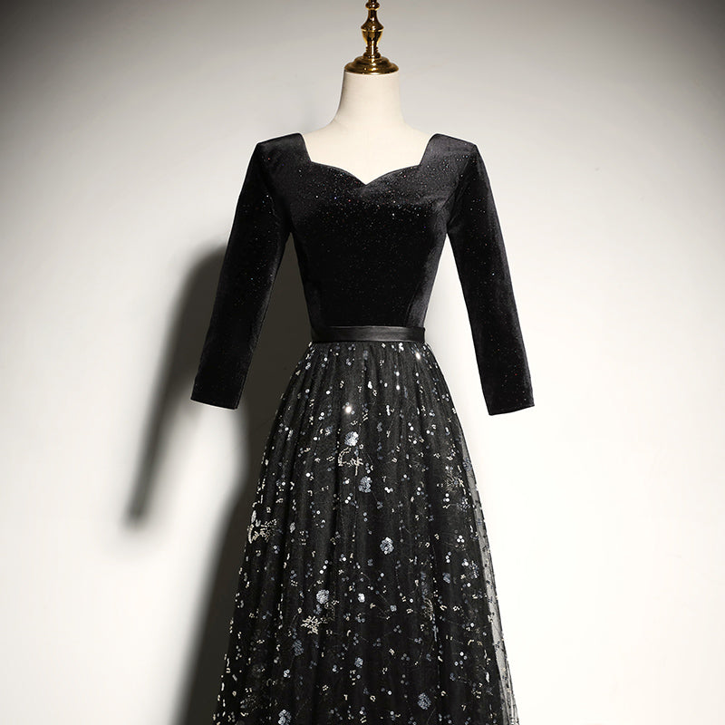 Black velvet evening dress new long-sleeved prom dress - Fashionpara