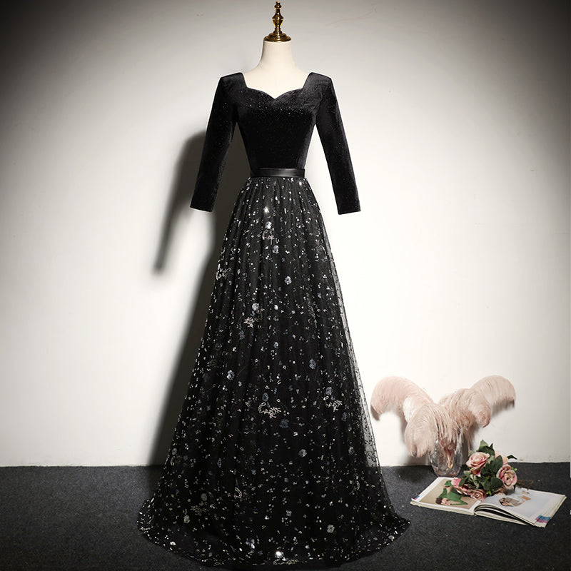 Black velvet evening dress new long-sleeved prom dress - Fashionpara