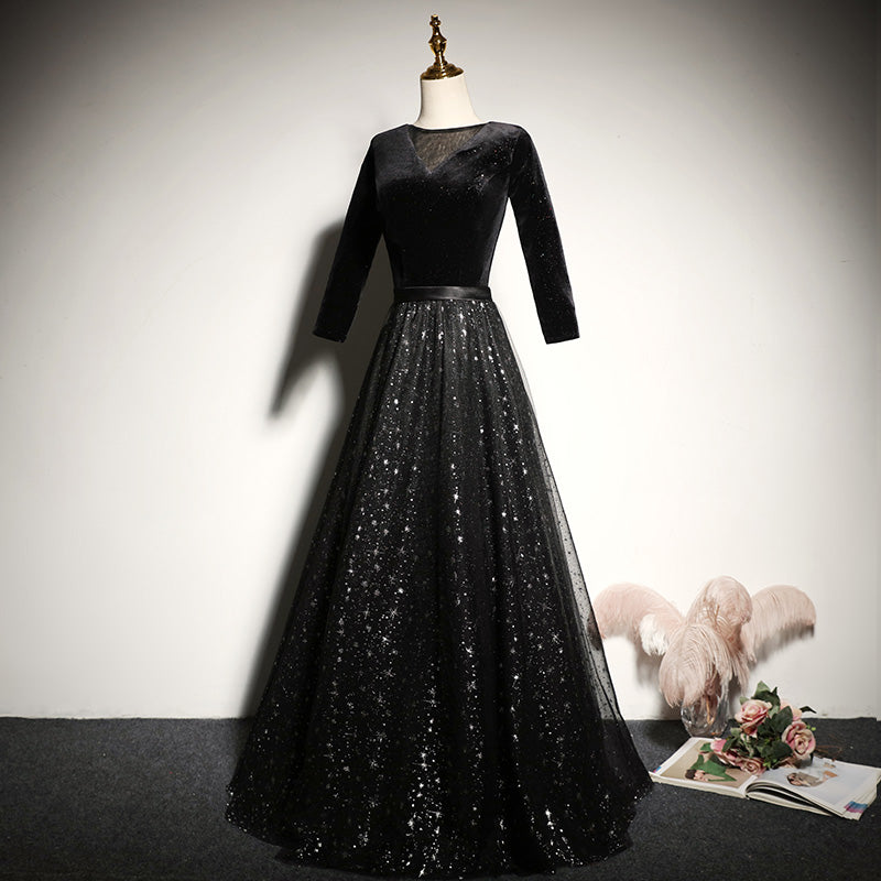 Black velvet evening dress new long-sleeved prom dress - Fashionpara
