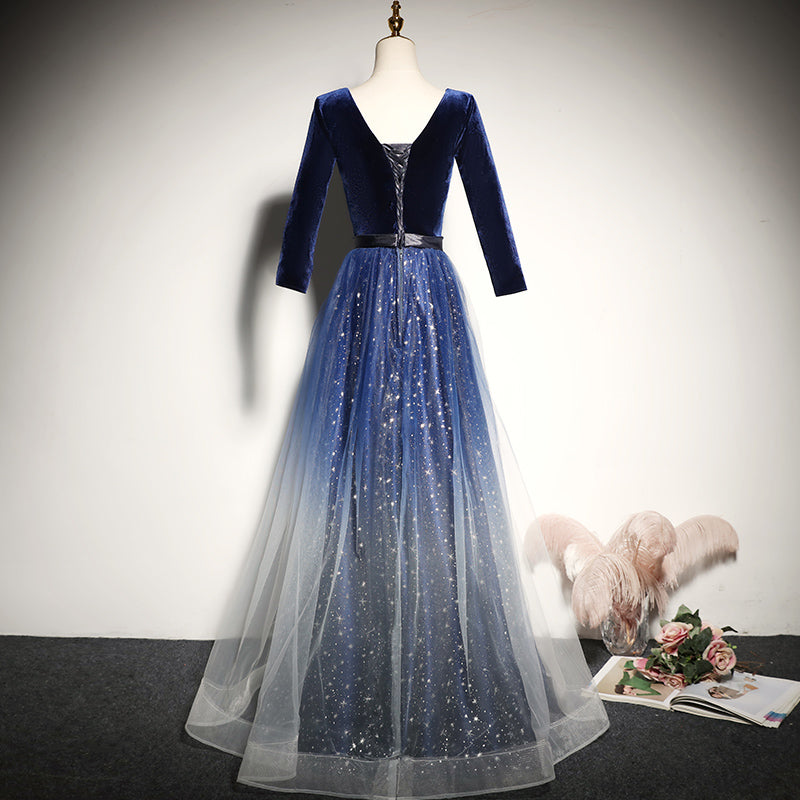 Blue velvet evening dress new long-sleeved prom dress - Fashionpara