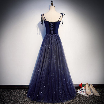 Simple A line Prom Dresses Navy Blue Tulle Evening Dress Bridesmaid dress - Fashionpara