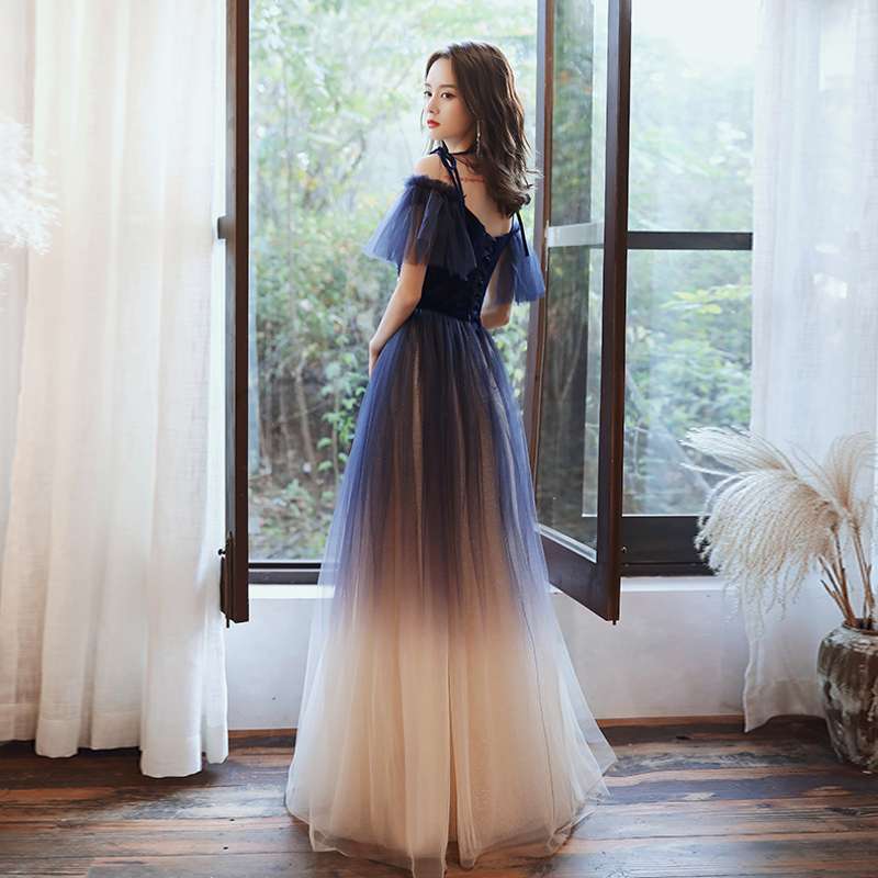 STYLISH VELVET TULLE LONG PROM DRESS EVENING DRESS - Fashionpara