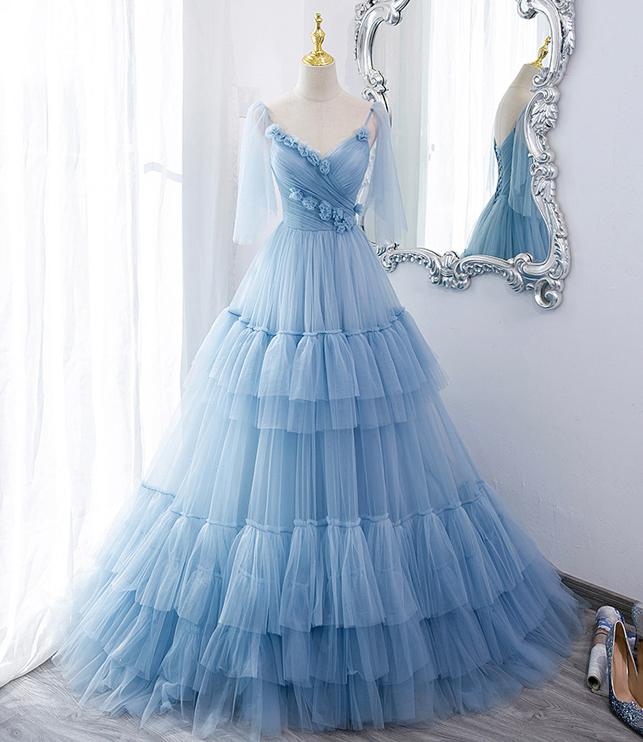BLUE TULLE LONG A LINE PROM DRESS BLUE EVENING DRESS - Fashionpara